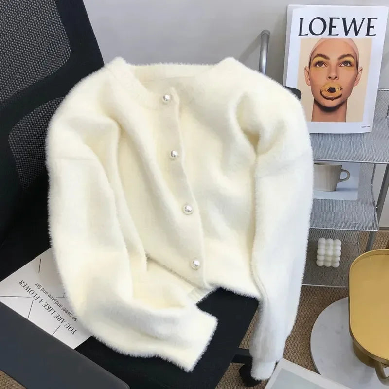 Pull cardigan en velours de vison à boutonnage simple pour femmes