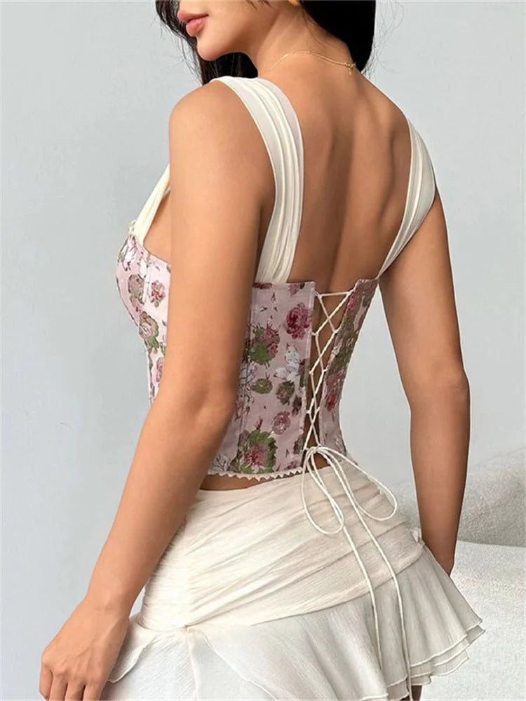 Top corset femme rétro à imprimé roses roses