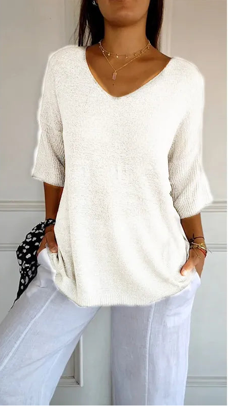 Chemise Décontractée Femme – Col V et Manches 3/4