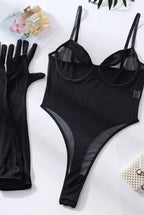 Body avec gants en dentelle et résille transparente pour femmes