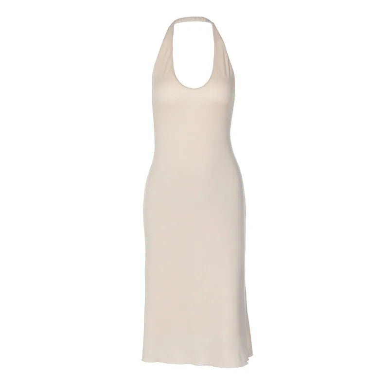 Robe femme beige élégante à col halter et dos nu
