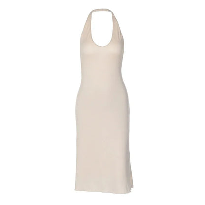 Robe femme beige élégante à col halter et dos nu