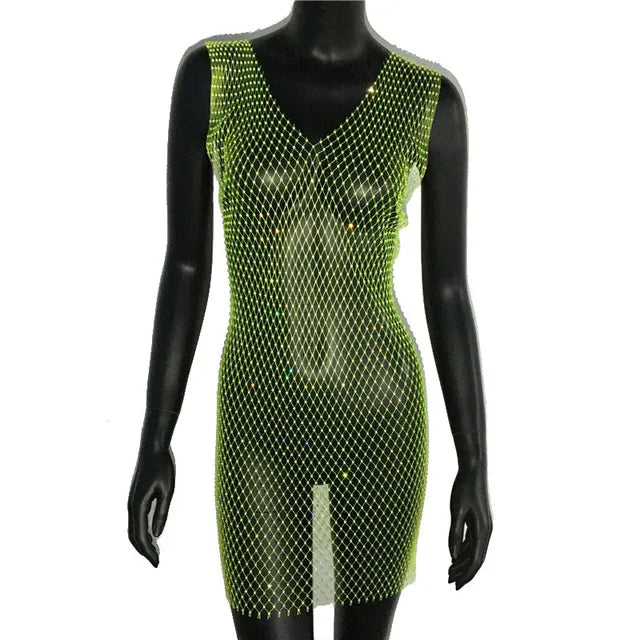 Robe de soirée en résille scintillante, strass, paillettes pour femmes