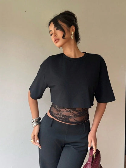 T-shirt Col Montant Femme – Effet Deux Pièces et Dentelle