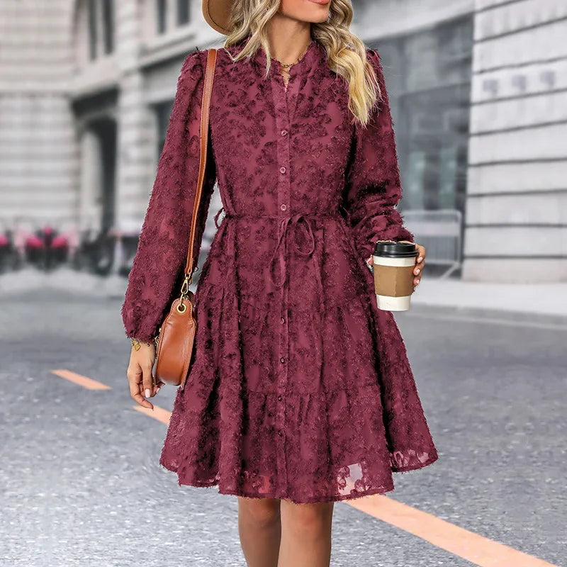 Robe mi-longue à manches longues en dentelle pour femmes