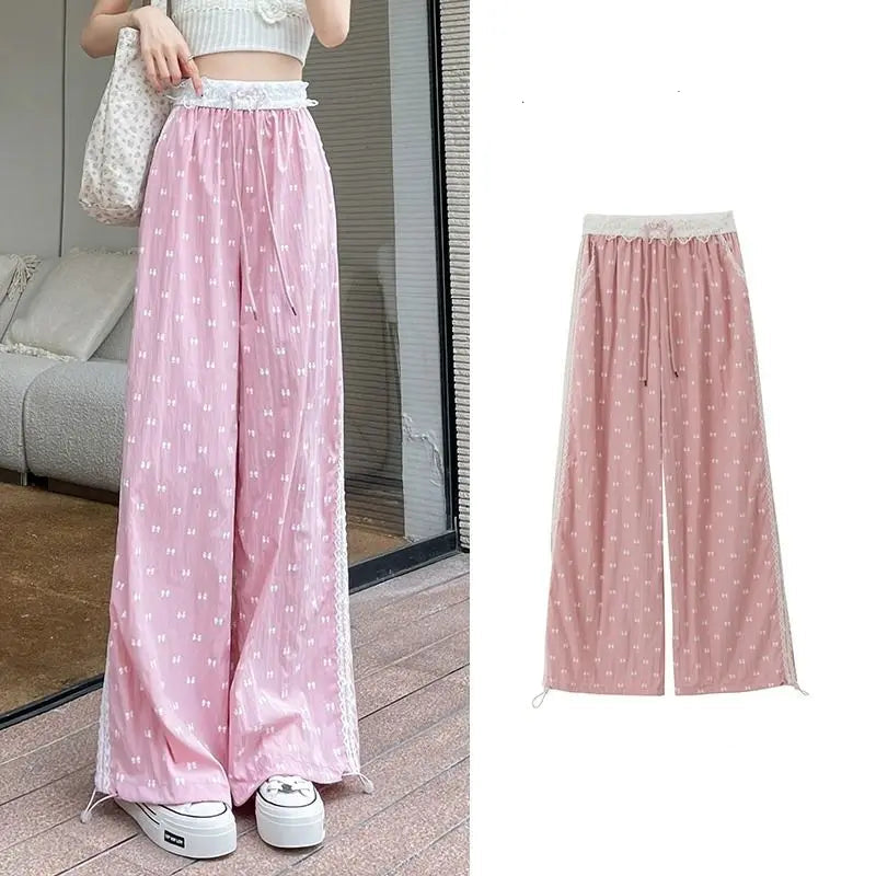 Pantalon décontracté en dentelle mélangée rose avec nœud imprimé pour femmes
