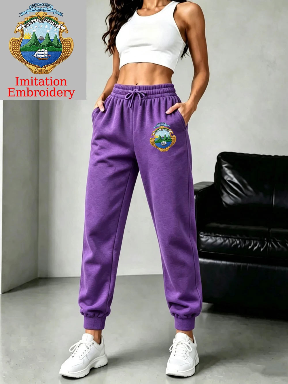 Pantalon de jogging basique en polaire à taille élastique imprimé emblème du Costa Rica pour femmes