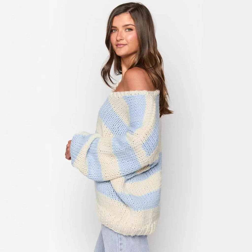 Pull en maille ample décontracté à rayures asymétriques pour femmes