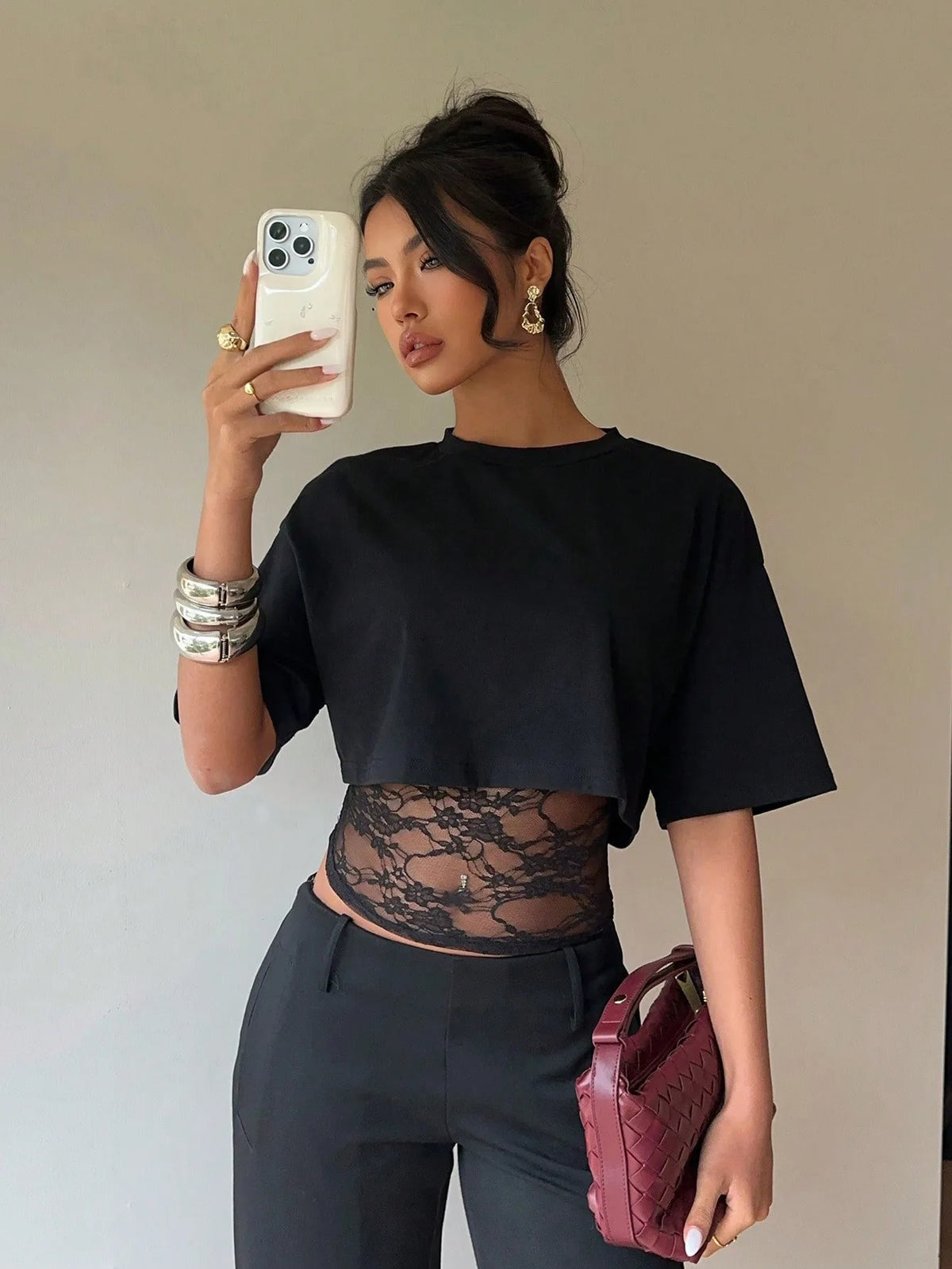 T-shirt Col Montant Femme – Effet Deux Pièces et Dentelle