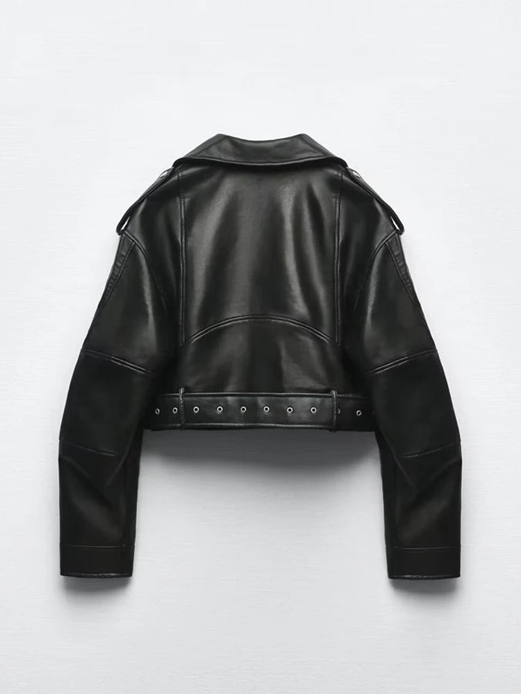 Veste faux cuir Pu courte avec ceinture pour femmes