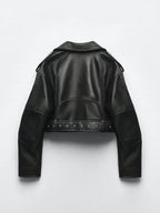 Veste faux cuir Pu courte avec ceinture pour femmes