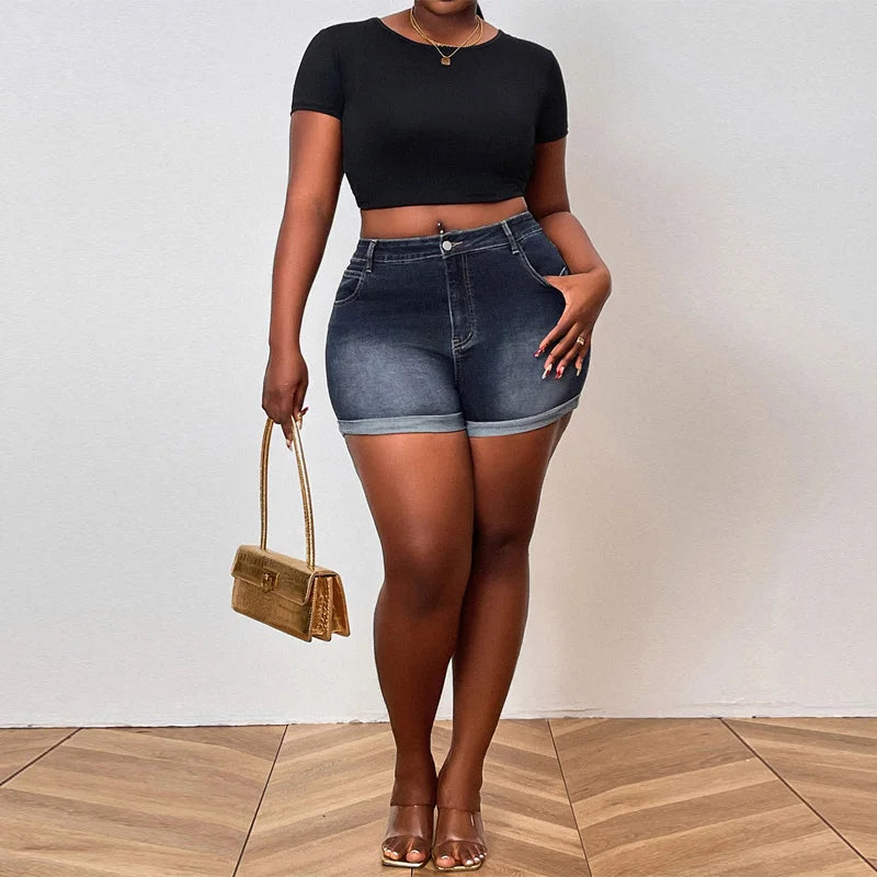 Short en jean grande taille style rétro américain à ourlet roulé pour femmes
