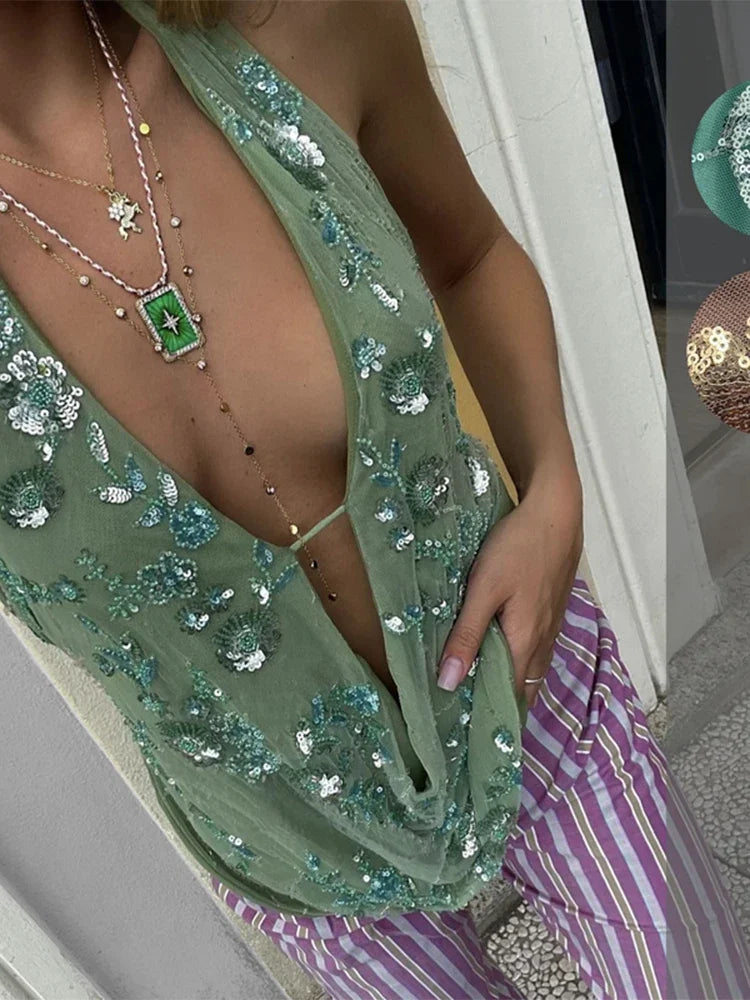 Robe mini élégante verte à sequins dos nu pour femmes