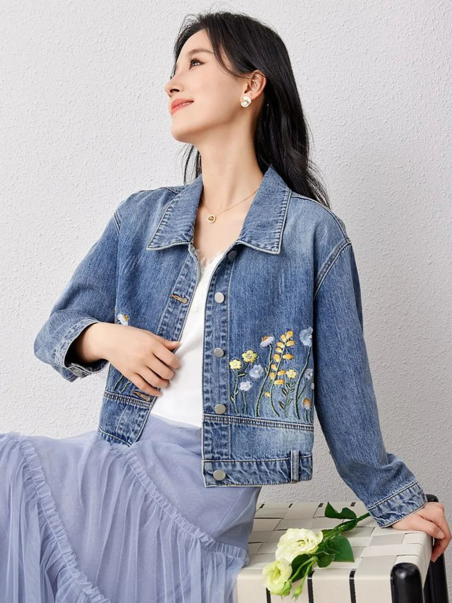 Veste en jean brodée florale pour femmes