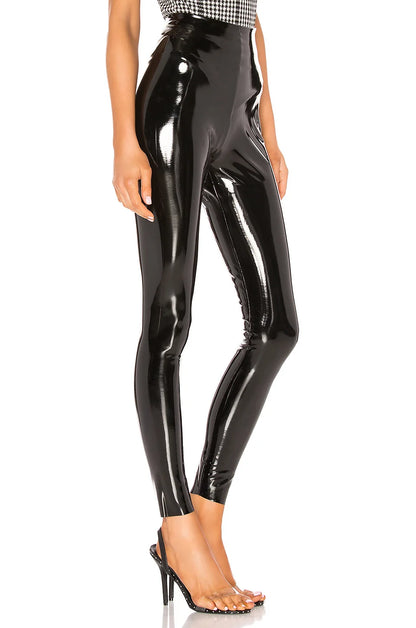Pantalon Ajusté en Similicuir Brillant Longueur Cheville