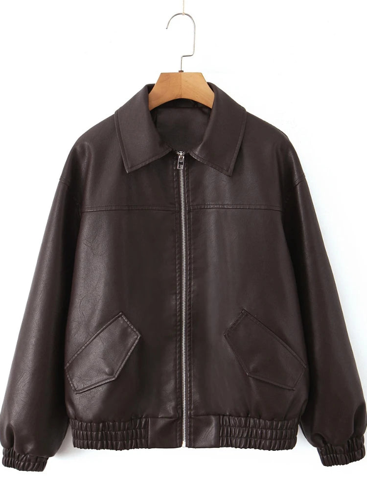 Veste en faux cuir PU décontracté ample pour femmes