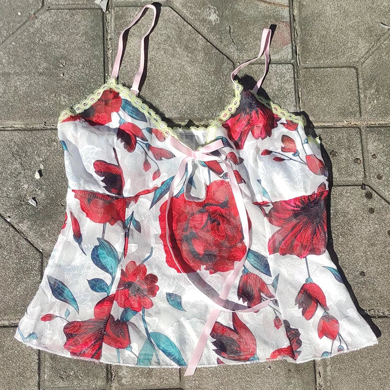 Débardeur en maille transparente à imprimé floral pour femmes