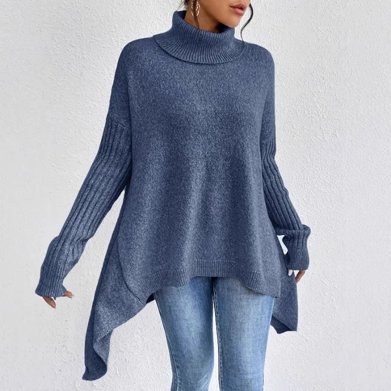 Pull en maille ample à col roulé bleu marine pour femmes