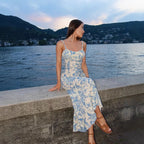 Robe longue imprimée de fleurs bleues pour femmes