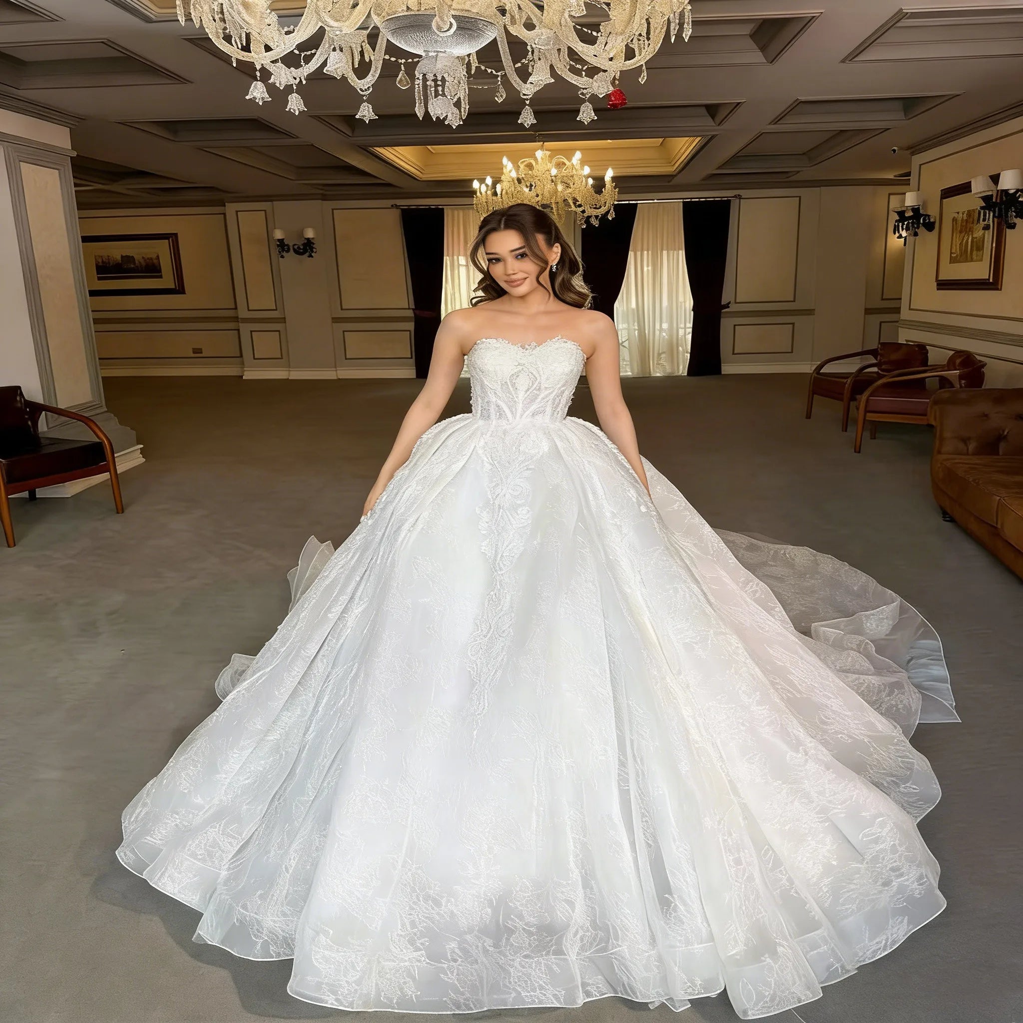 Robes de mariée de luxe sans manches en dentelle pour femmes