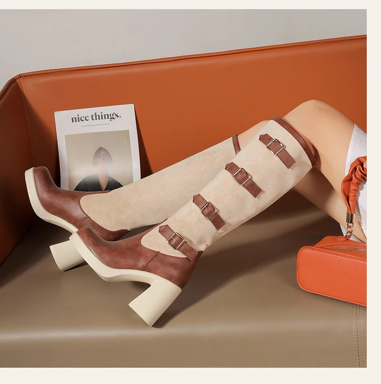 Bottes mi-mollet en PU givré avec boucle de ceinture à cinq rangées et talon ultra-haut pour femmes