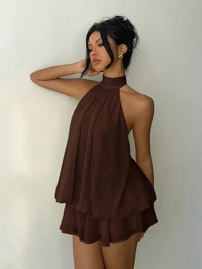 Robe Courte Femme – Mousseline, Col Licou et Dos Nu