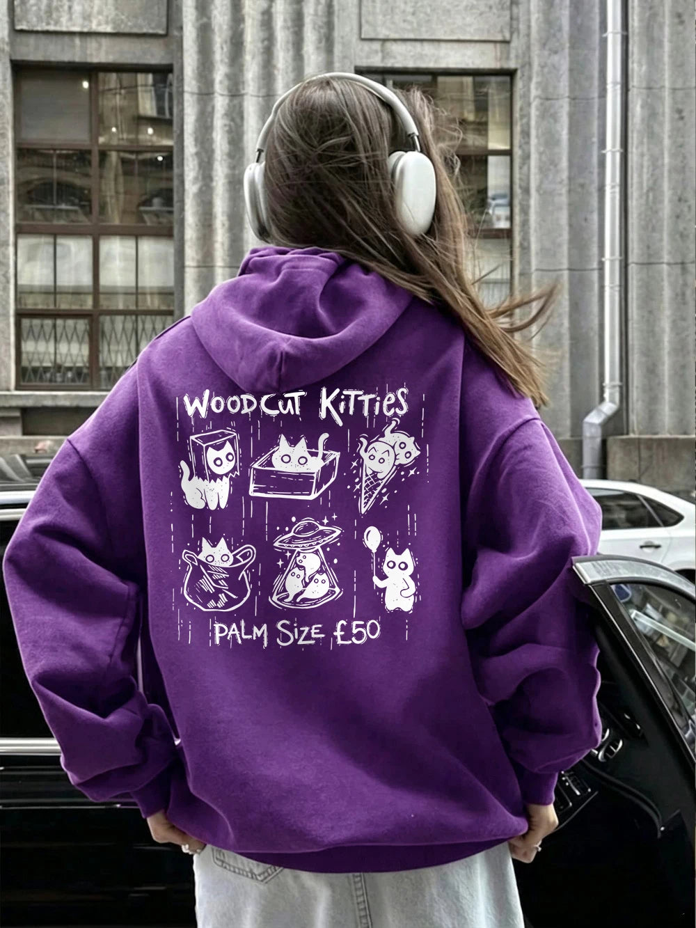 Sweat-shirts à capuche imprimés Woodcut Boxes Pocket Kitties pour femmes