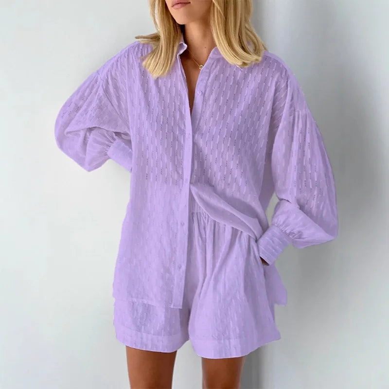 Ensemble deux pièces short ample et chemise élégante à manches longues pour femmes,