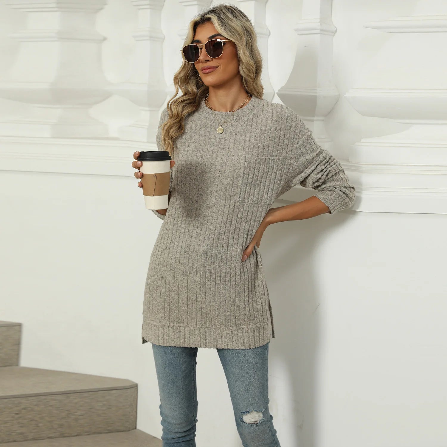 T-shirt à manches longues fendu pour femmes