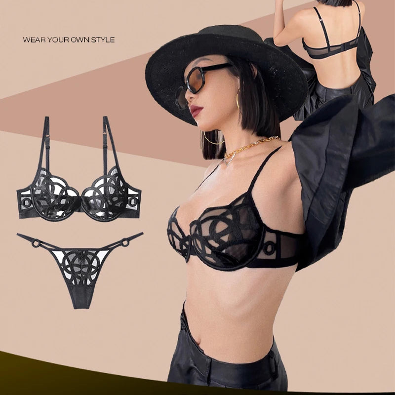 Ensemble soutien-gorge en dentelle ultra fine et respirante, string et culotte pour femmes