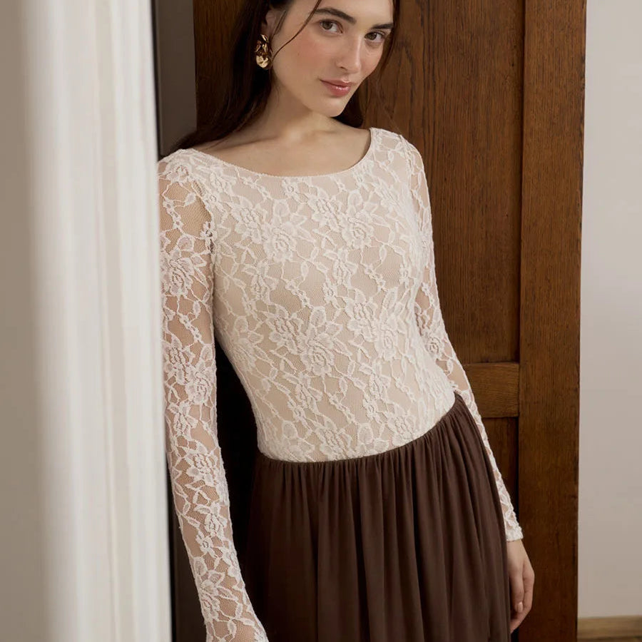 T-shirt en dentelle à manches longues pour femmes