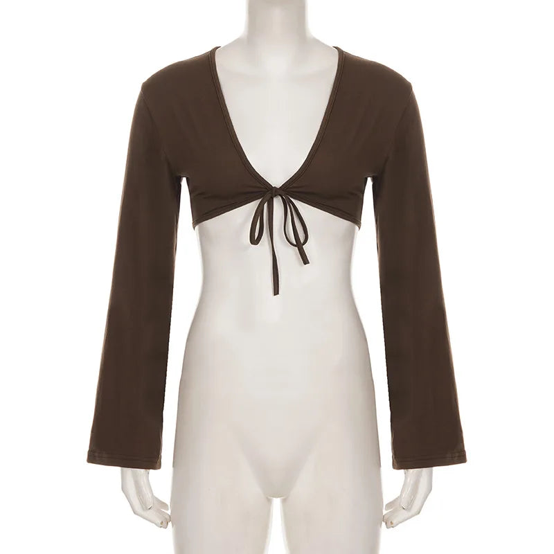 Haut Court Femme à Nouer Col V et Manches Longues