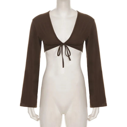 Haut Court Femme à Nouer Col V et Manches Longues