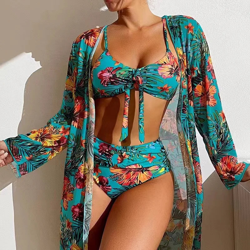Maillot de bain trois pièces imprimé Floral, Sexy, taille haute, pour femmes