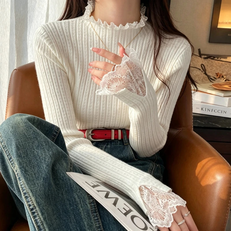Pull Effet Deux Pièces Femme – Dentelle, Col Roulé et Volants