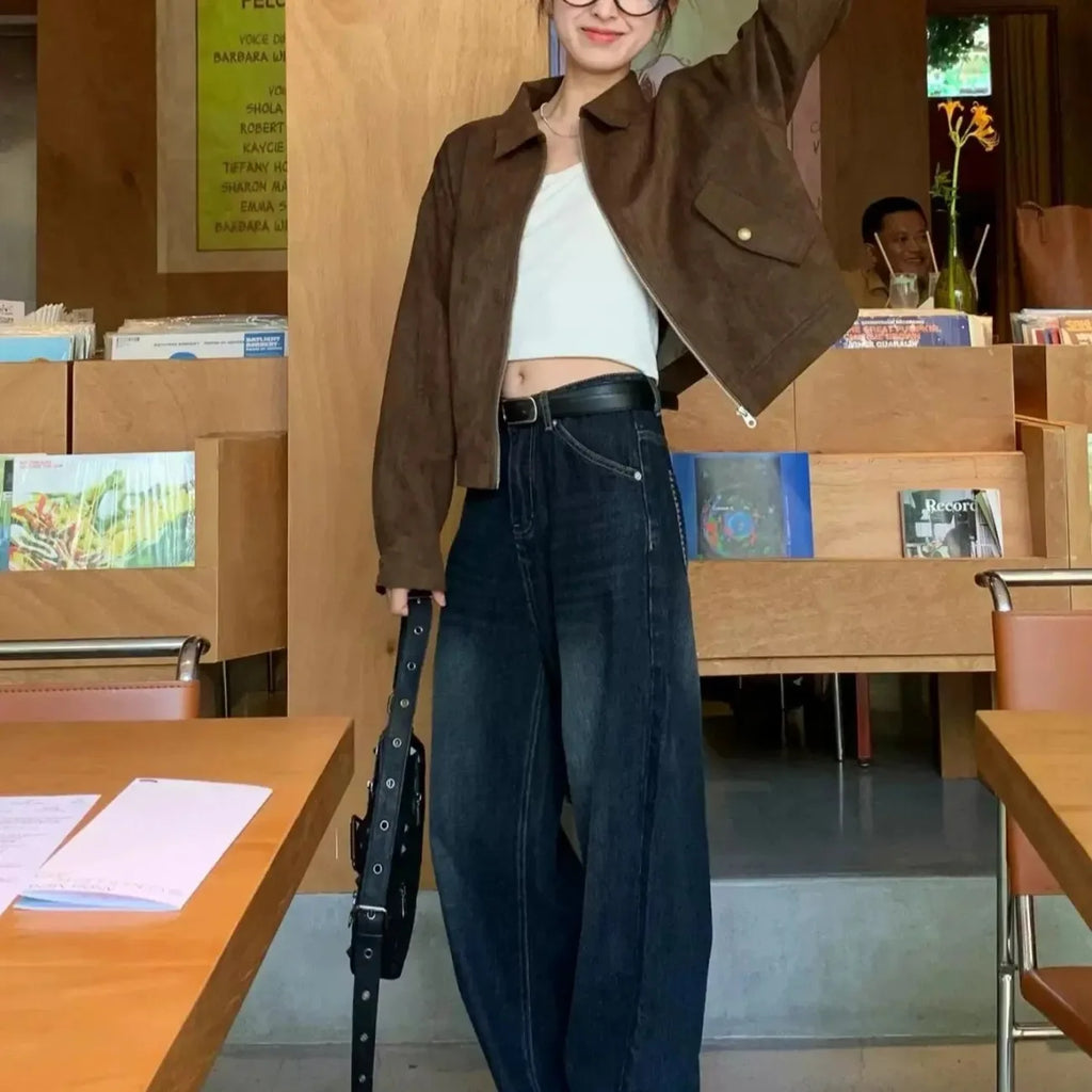 Veste courte en daim marron style américain rétro pour femmes