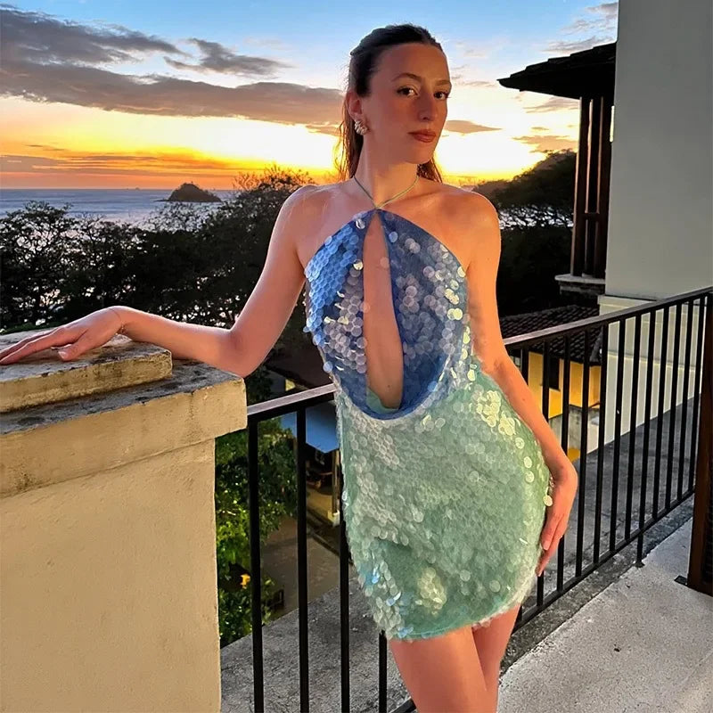 Robes de plage à paillettes licou évider pour femmes
