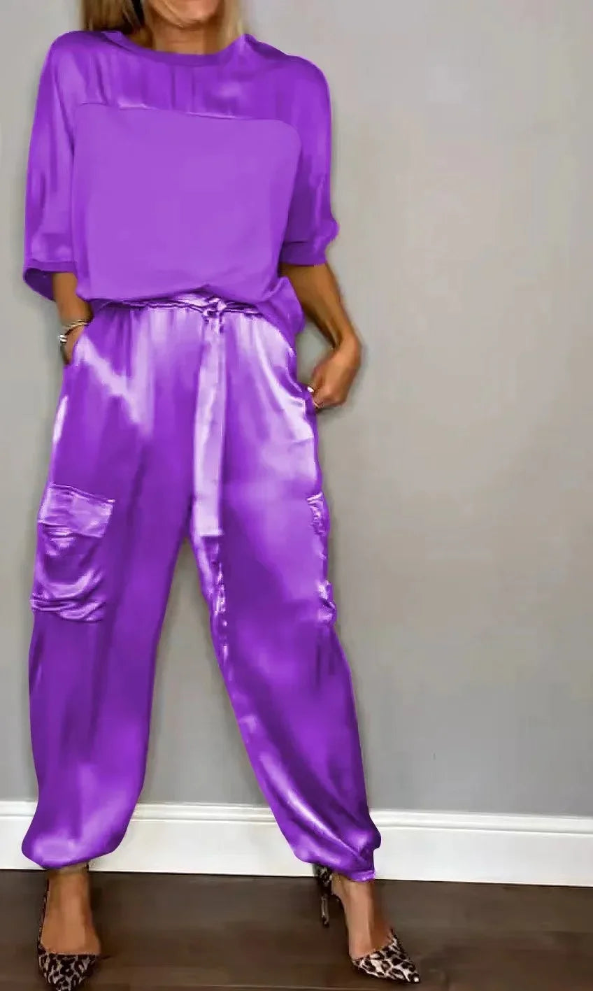 Ensemble deux pièces chemise à manches mi-longues et pantalon décontracté en satin lisse pour femmes