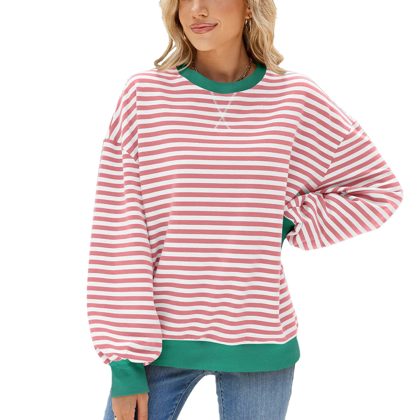 T-shirt à manches longue décontracté ample rayé pour femmes