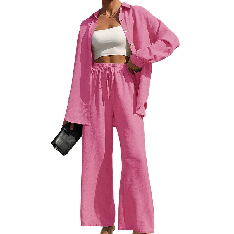 Ensemble deux pièces chemise boutonnée unie et pantalon large à nouer sur le devant pour femmes
