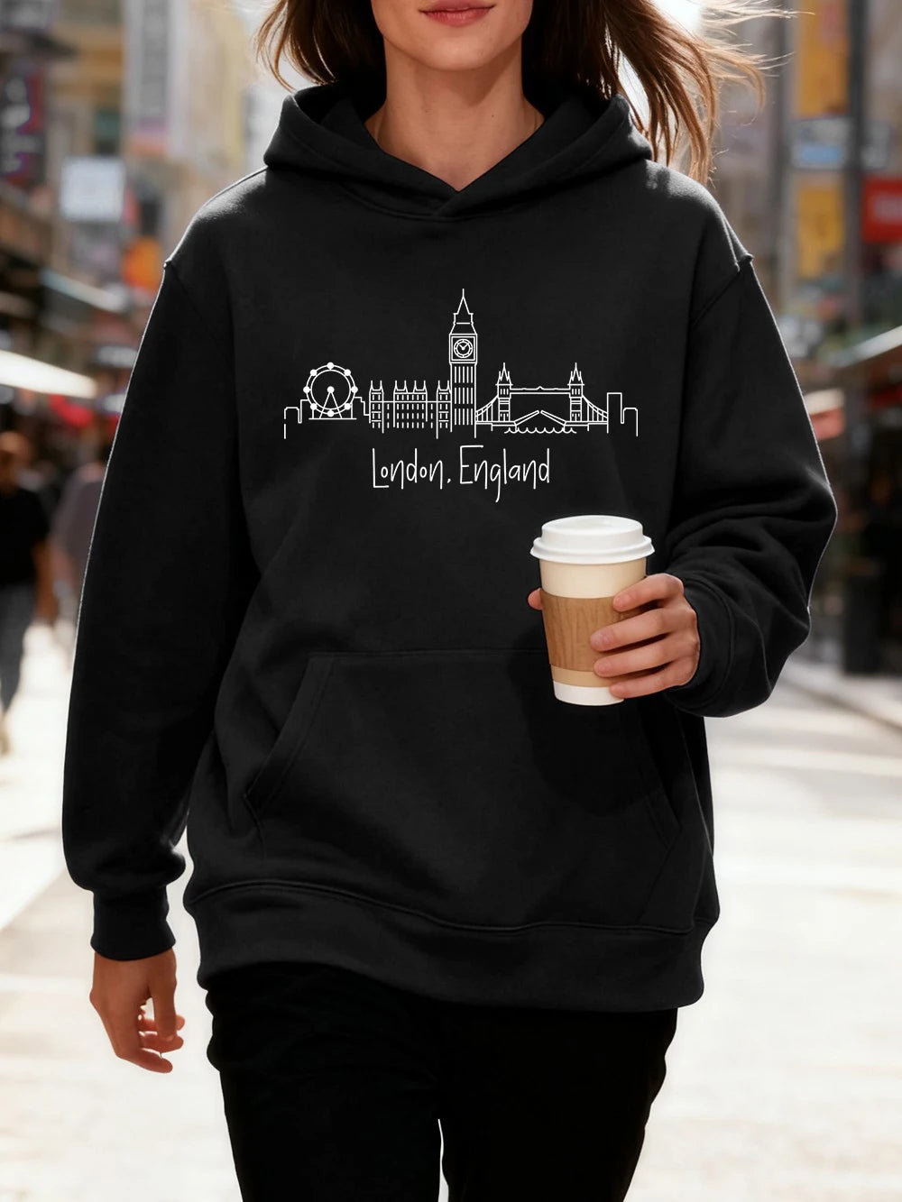 Sweat à capuche en coton imprimé lettres Londres Angleterre pour femmes
