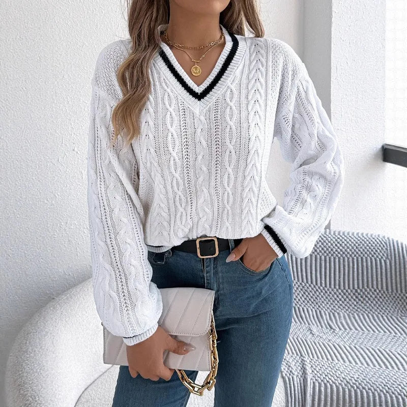 Pull Ample Torsadé Femme – Col V et Color Block