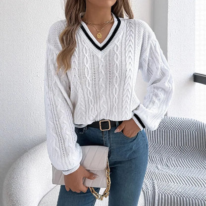 Pull Ample Torsadé Femme – Col V et Color Block