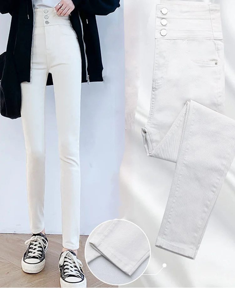 Jean slim taille haute à trois lèvent pour femmes