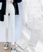 Jean slim taille haute à trois lèvent pour femmes