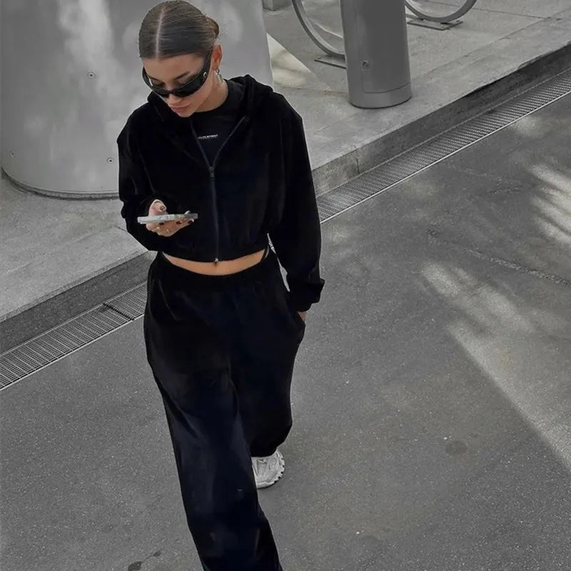 Ensemble deux pièces cardigan à capuche à manches longues et pantalon taille élastiquée pour femmes