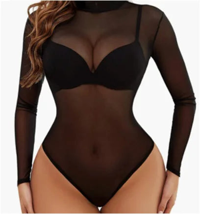 Body transparente en maille à manches longues pour femmes