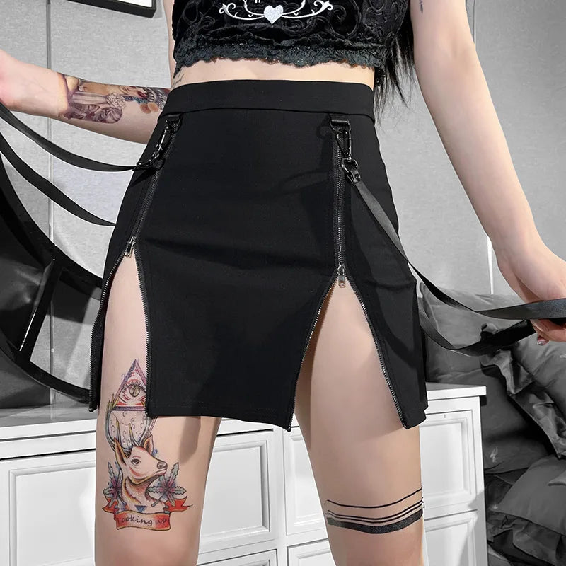 Mini-jupe gothique foncée style A-line avec fentes zippées double face pour femmes