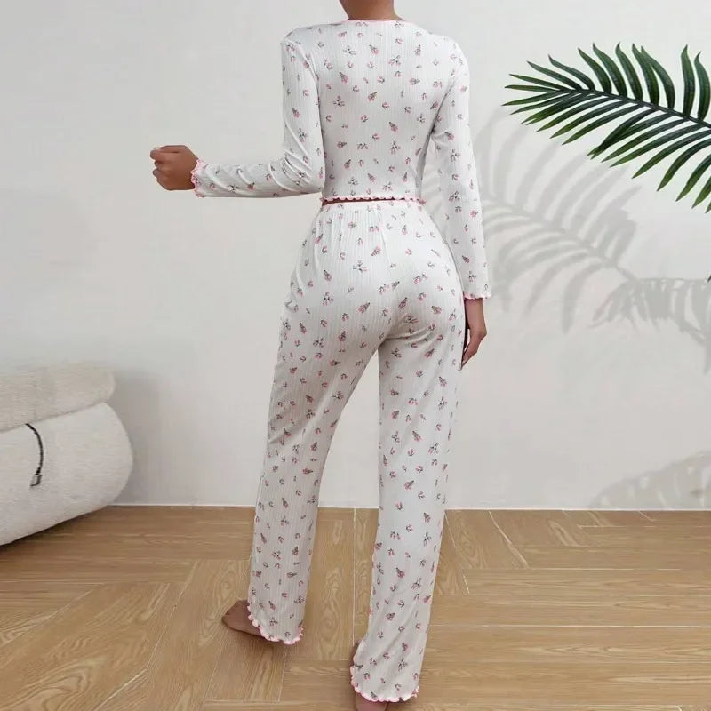 Pyjama Fleuri Femme – Haut Manches Longues et Pantalon