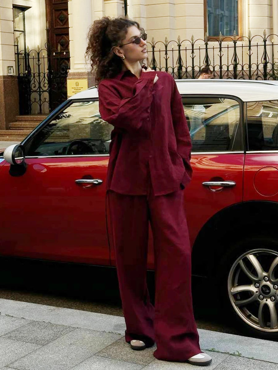 Ensemble de pantalons décontractés et  chemise à manches longues en coton pour femmes